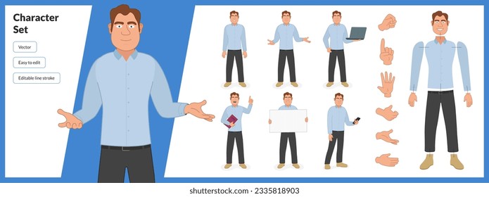 Illustration of middle aged man, wearing business casual clothing in a set of multiple poses. Easy to edit with editable line strokes and isolated on white background. Suitable for animation.