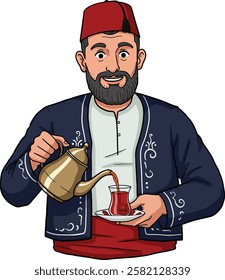 Illustration of a middle aged Turkish man with traditional clothes pouring Turkish tea from a tea pot, isolated on white background