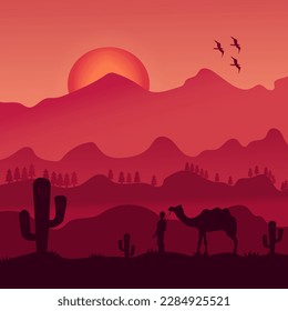 illustration of middle east desert landscape design with panorama of purple sky cactus trees and a camel and shepherd