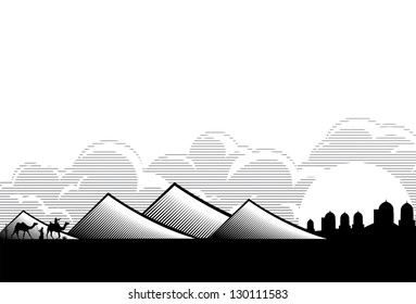 Illustration of Middle East men with camels walking back home in the desert, vector