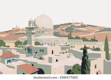 Illustration of Middle Eastern architecture with domes and minarets. Middle Eastern landscape with domes, showcasing cultural architecture and scenic views. Vintage art illustration, vector.