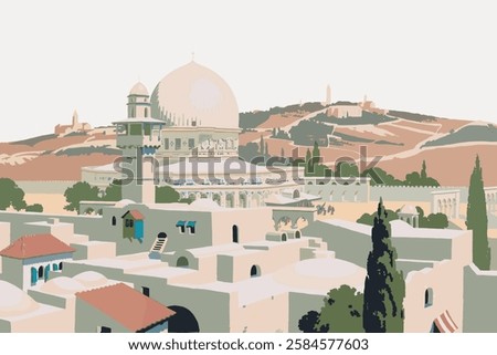 Illustration of Middle Eastern architecture with domes and minarets. Middle Eastern landscape with domes, showcasing cultural architecture and scenic views. Vintage art illustration, vector.