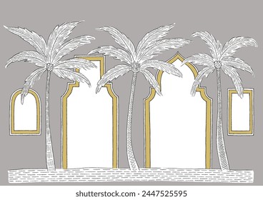 Illustration of middle eastern archways, windows, palm trees, and sand. Concept for holiday getaways, design template for Eid Mubarak, modern Riyad villa architecture, cultural festivities.  