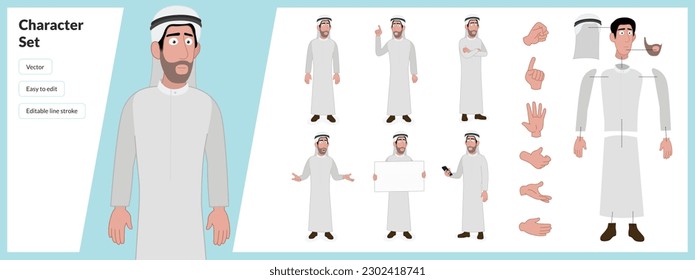 Illustration of middle eastern man, wearing traditional clothing in a set of multiple poses. Easy to edit with editable line strokes and isolated on white background. Suitable for animation.