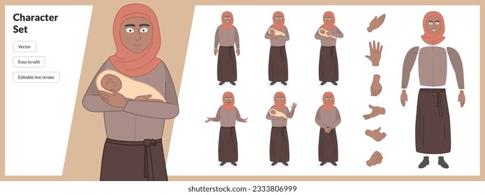Illustration of middle eastern woman with baby, in traditional clothing, in a set of multiple poses. Easy to edit with editable line strokes and isolated on white background. Suitable for animation.