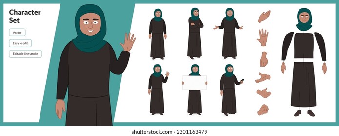 Illustration of middle eastern woman, wearing traditional clothing in a set of multiple poses. Easy to edit with editable line strokes and isolated on white background. Suitable for animation.