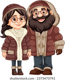 Illustration of a middle-age couple wearing glasses, beanie hat, and Parka fur jacket for cold winter