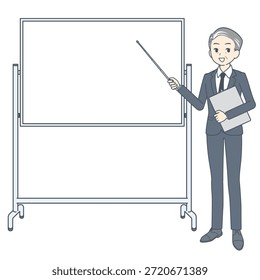 Ilustração de um empresário de meia-idade com um ponteiro em pé na frente de um quadro branco.
