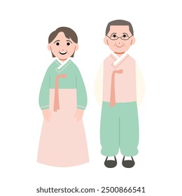 Illustration of middle-aged couple in Hanbok, Korean traditional clothes. Cartoon style character drawing. 
