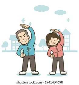 Illustration of a middle-aged couple stretching. Vector illustration on white background.