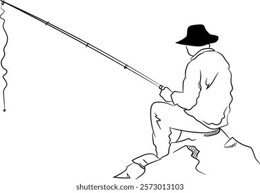 Illustration of a middle-aged man fishing with a fishing rod