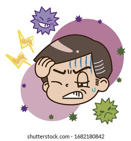 Illustration of a middle-aged man with a headache and a virus