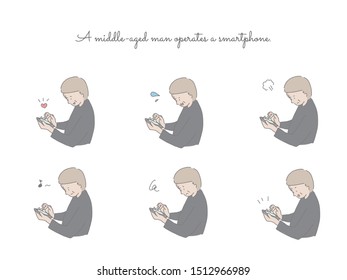 Illustration of a middle-aged man operating a smartphone. Easy to design with simple taste.