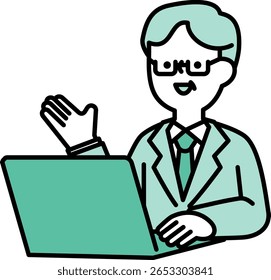 Ilustración de un hombre de mediana edad en un traje hablando en línea