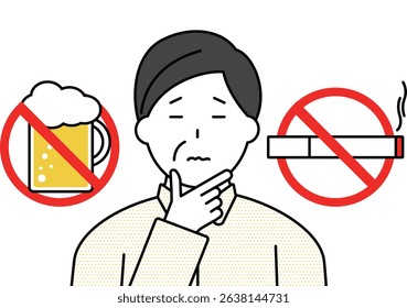 Illustration of a middle-aged man thinking about quitting smoking and drinking