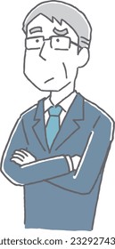 Illustration of a middle-aged man thinking with his arms folded