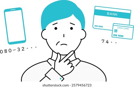 Illustration of middle-aged man who cannot remember smartphone number and bank PIN number