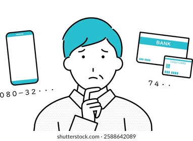 Illustration of middle-aged man who cannot remember smartphone number and bank PIN number