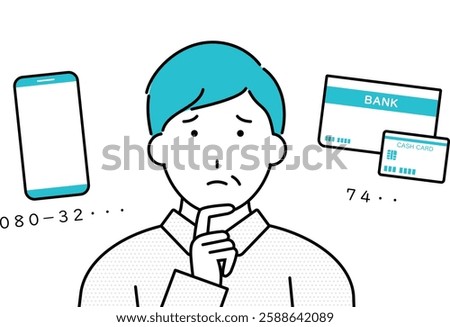 Illustration of middle-aged man who cannot remember smartphone number and bank PIN number