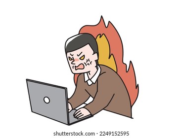  Illustration of a middle-aged man who is furious in front of a personal computer