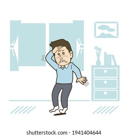 Illustration of a middle-aged man who gets dizzy indoors. Vector illustration on white background.