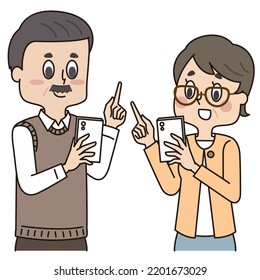 It is an illustration of a middle-aged man and woman operating a smartphone.