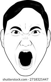 Ilustración de la cara de un hombre de mediana edad gritando con una expresión enojada (no generado por IA)
