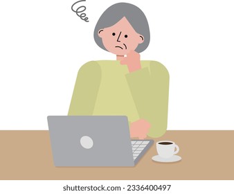 Illustration of Middle-aged Woman Contemplating While Staring at the PC