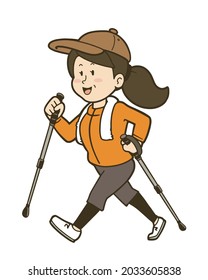 Illustration of a middle-aged woman doing Nordic walking. Vector illustration on white background.