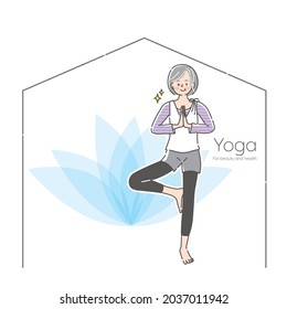 Illustration of a middle-aged woman doing yoga with illustrations