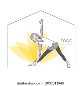 Illustration of a middle-aged woman doing yoga with illustrations