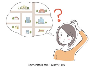 Illustration of a middle-aged woman lost in the way. Find a place. 