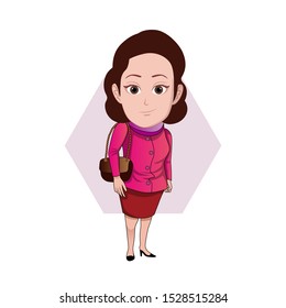 
illustration of a middle-aged woman posing standing with a neck scarf, and a luxury bag on her arm. Vector cartoons that can be used for caricature or mascot templates with plain backgrounds.