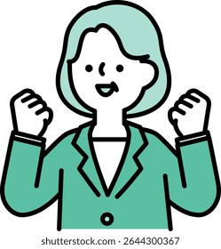 Illustration of a middle-aged woman in a suit business person who is pleased to pose with her guts