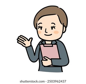 Illustration of a middle-aged woman in a suit explaining and giving directions.