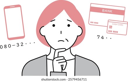 Illustration of middle-aged woman who cannot remember smartphone number and bank PIN number