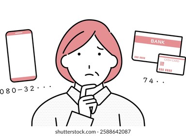 Illustration of middle-aged woman who cannot remember smartphone number and bank PIN number