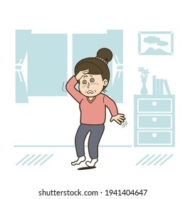 Illustration of a middle-aged woman who gets dizzy indoors. Vector illustration on white background.