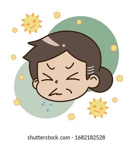 Illustration of a middle-aged woman who is sneezing due to hay fever and pollen