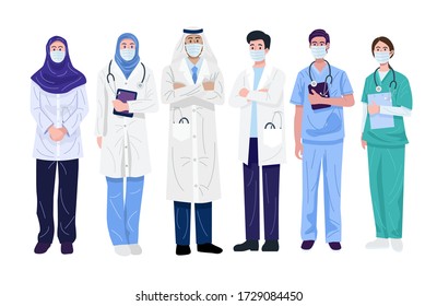 Illustration Of Middle-Eastern Doctors And Nurses Wearing Face Masks. Vector