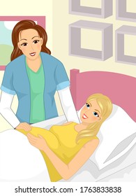 Illustration of a Midwife Assisting a Pregnant Woman in Bed for Home Birth