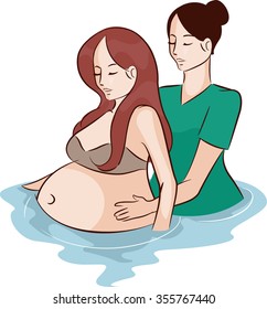 Illustration of a Midwife Assisting a Pregnant Woman Give Birth