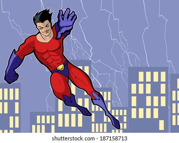 Illustration of a mighty flying superhero in a bright costume