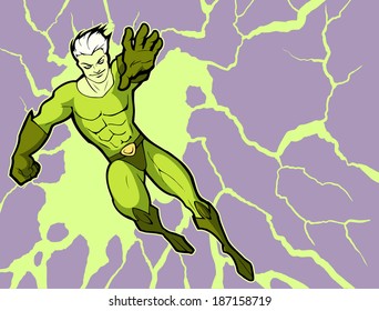 Illustration of a mighty flying superhero in a bright costume