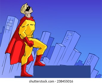 Illustration of a mighty superhero in a bright yellow and red costume on the background of the city