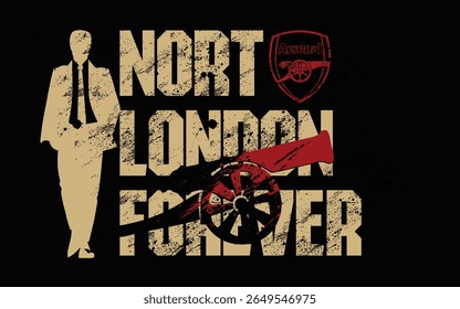 Ilustração de Mikel Arteta, gerente do Arsenal FC com Nort London Forever tipografia vetor design