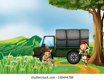 Illustration of a military cargo truck at the hills