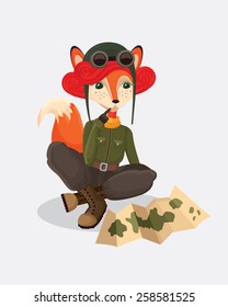 the illustration of military fox-pilot exploring the map sitting on the ground in retro style on the simple gray background 