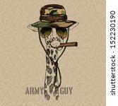 Illustration of Military Giraffe with Cigar Isolated Grunge Background