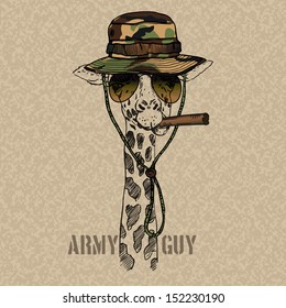 Illustration of Military Giraffe with Cigar Isolated Grunge Background